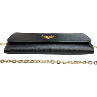 PRADA Black Saffiano/Calfskin Leather Wallet/Card Holder with Chain Prada
