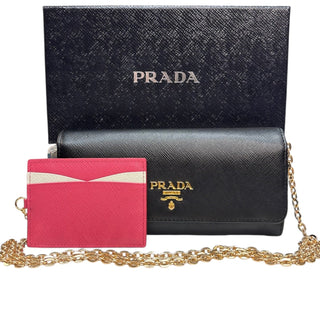 PRADA Black Saffiano/Calfskin Leather Wallet/Card Holder with Chain Prada