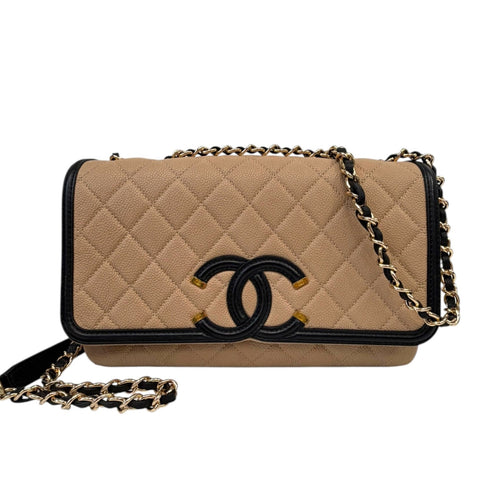 CHANEL Beige Black Caviar Medium CC Filigree Flap Bag Chanel