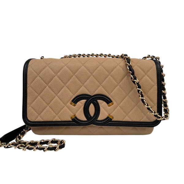 CHANEL Beige Black Caviar Medium CC Filigree Flap Bag Chanel