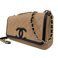 CHANEL Beige Black Caviar Medium CC Filigree Flap Bag Chanel