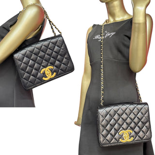 RARE CHANEL Black Lambskin Full Flap Chain Bag Chanel