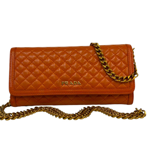 PRADA Orange Quilted Leather Wallet with Chain Prada