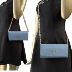 PRADA Blue Saffiano Leather Wallet with Chain Prada