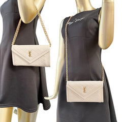 SAINT LAURENT Ivory Leather Gaby YSL Clutch with added Gold Chain Saint Laurent