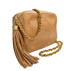 CHANEL Tan Diamond CC Quilted Lambskin Tassel Camera Bag Chanel