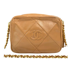 CHANEL Tan Diamond CC Quilted Lambskin Tassel Camera Bag Chanel