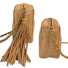 CHANEL Tan Diamond CC Quilted Lambskin Tassel Camera Bag Chanel