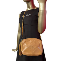 CHANEL Tan Diamond CC Quilted Lambskin Tassel Camera Bag Chanel