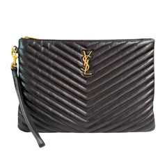 SAINT LAURENT Black Smooth Leather Chevron Cassandra Clutch Saint Laurent