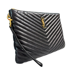 SAINT LAURENT Black Smooth Leather Chevron Cassandra Clutch Saint Laurent