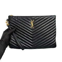 SAINT LAURENT Black Smooth Leather Chevron Cassandra Clutch Saint Laurent