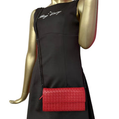 BOTTEGA VENETA Red Leather Intrecciato Wallet with added Chain Bottega Veneta