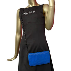 BOTTEGA VENETA Blue Leather Intrecciato Zip Wallet with added Chain Bottega Veneta