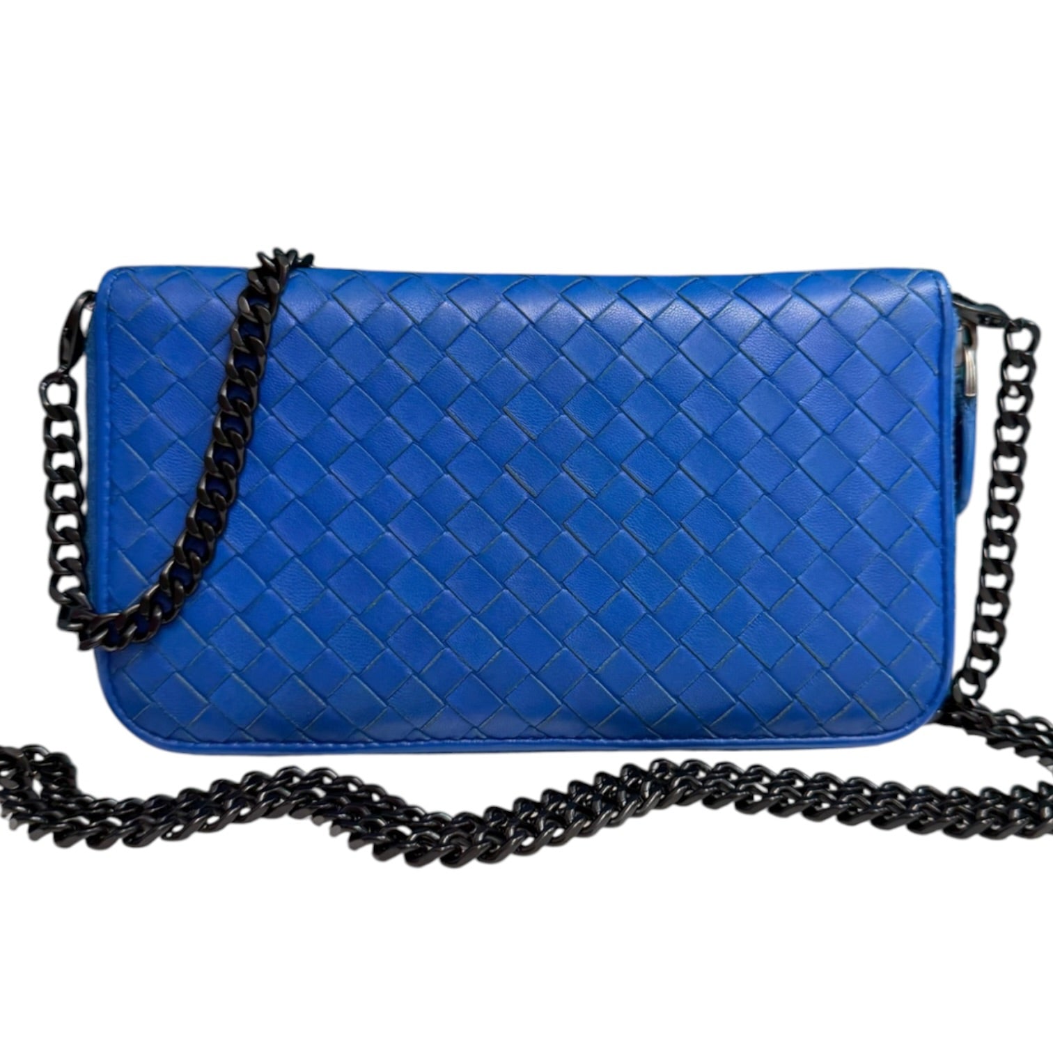 BOTTEGA VENETA Blue Leather Intrecciato Zip Wallet with added