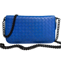 BOTTEGA VENETA Blue Leather Intrecciato Zip Wallet with added Chain Bottega Veneta
