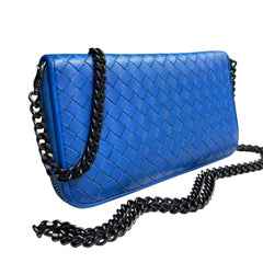BOTTEGA VENETA Blue Leather Intrecciato Zip Wallet with added Chain Bottega Veneta