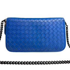 BOTTEGA VENETA Blue Leather Intrecciato Zip Wallet with added Chain Bottega Veneta
