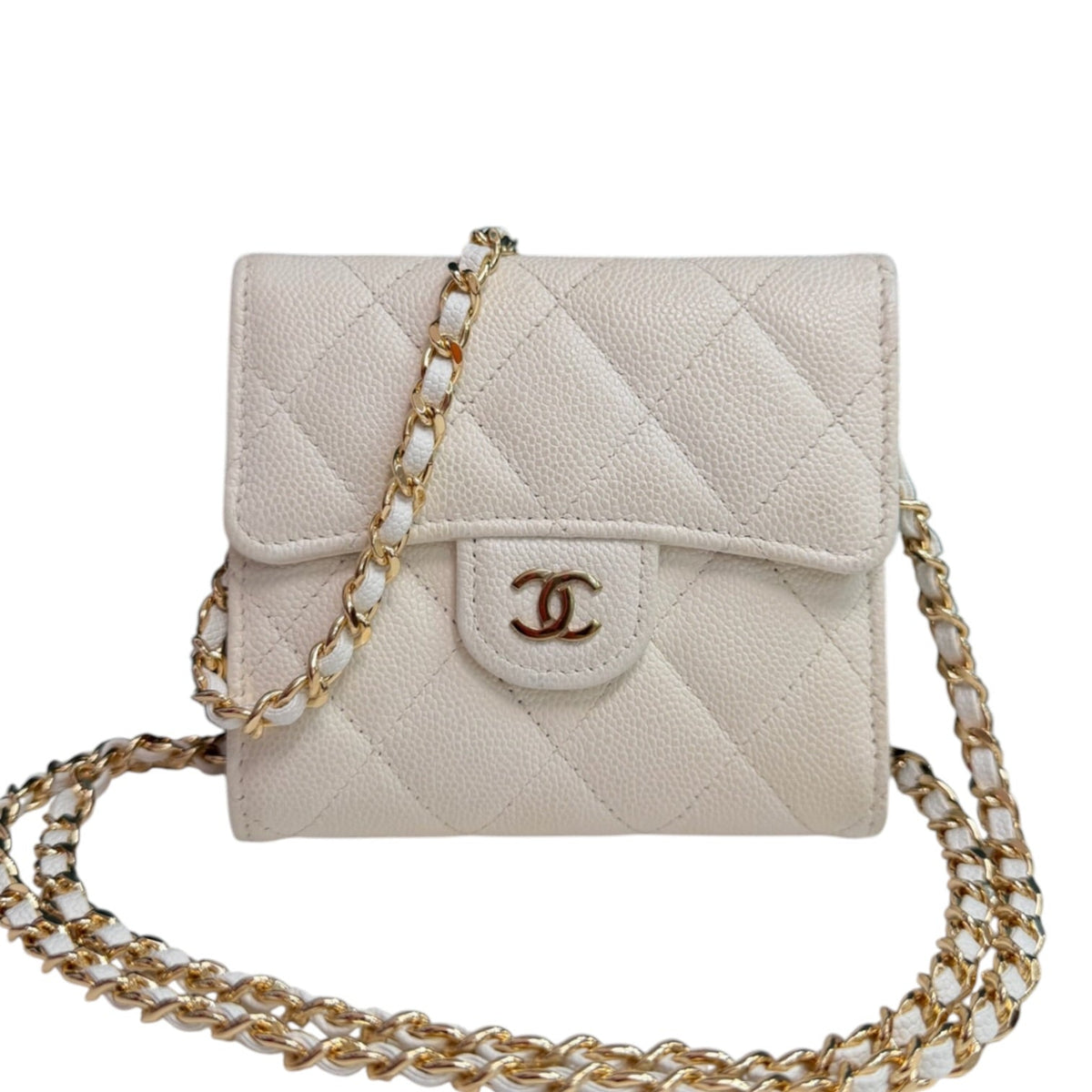 CHANEL White Caviar Leather GHW Compact Wallet Chanel