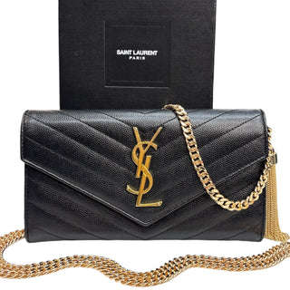 SAINT LAURENT Black Grained Leather Chevron Cassandra Clutch with Chain/Tassel Saint Laurent