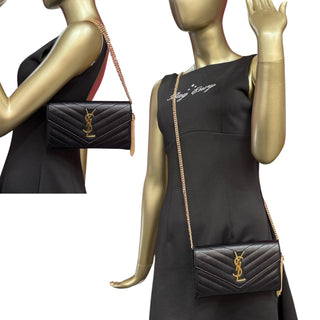 SAINT LAURENT Black Grained Leather Chevron Cassandra Clutch with Chain/Tassel Saint Laurent