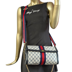 GUCCI Navy Coated Canvas Large Ophidia Clutch with added Chain/Strap Gucci