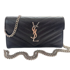 SAINT LAURENT Black Grained Leather SHW Cassandra Clutch with Chain Saint Laurent