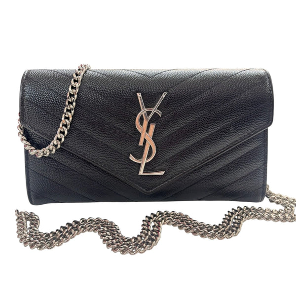 SAINT LAURENT Black Grained Leather SHW Cassandra Clutch with Chain Saint Laurent