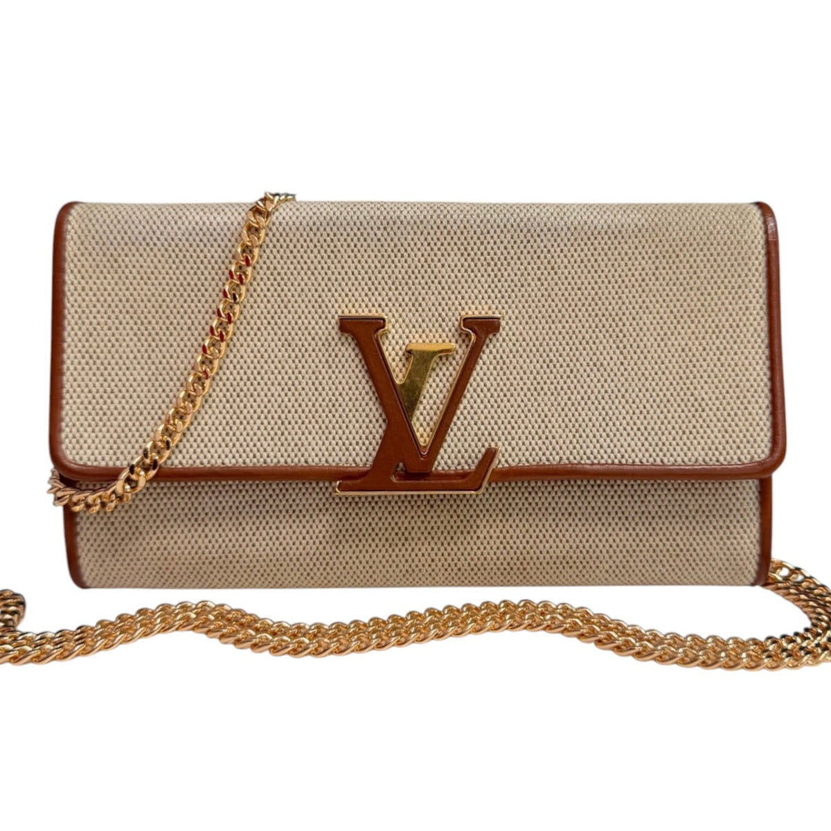 LOUIS VUITTON Caramel Leather Beige Canvas Taurillon Capucines Leather Wallet with Chain Louis Vuitton