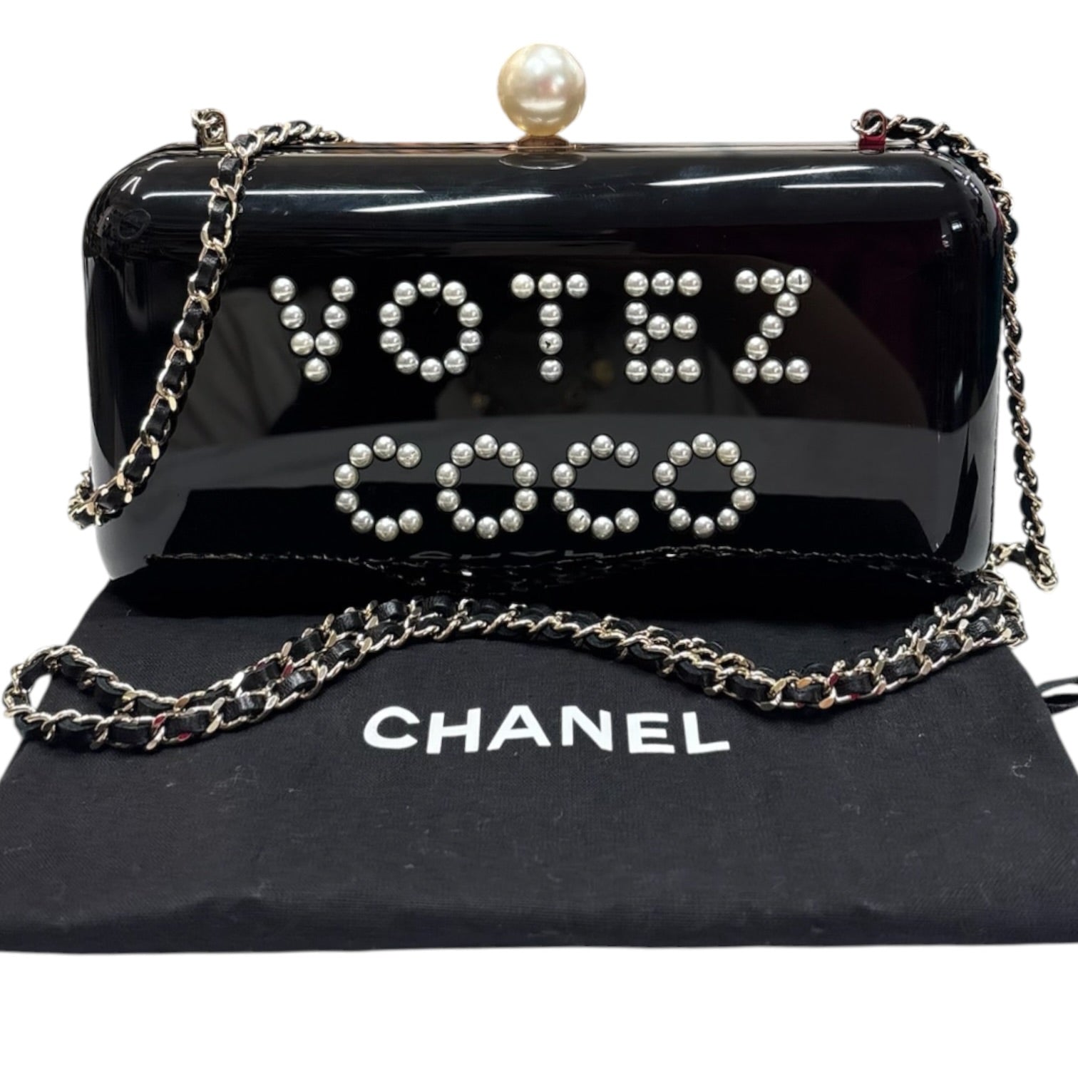 Ultra Rare 2015 CHANEL VOTEZ COCO Pearl Plexiglass Minaudiere