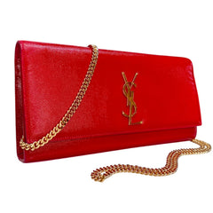 SAINT LAURENT Red Grained Glazed Leather Kate Clutch with Crossbody Chain Saint Laurent