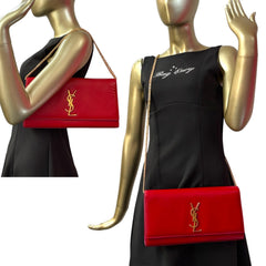 SAINT LAURENT Red Grained Glazed Leather Kate Clutch with Crossbody Chain Saint Laurent