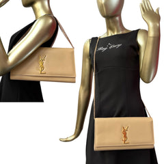 SAINT LAURENT Beige Calfskin Leather Kate Clutch with Chain Saint Laurent
