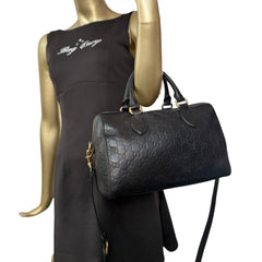 GUCCI Guccissima Black Leather Signature Boston Bag with Strap Gucci
