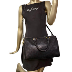 GUCCI Guccissima Black Leather Signature Boston Bag with Strap Gucci