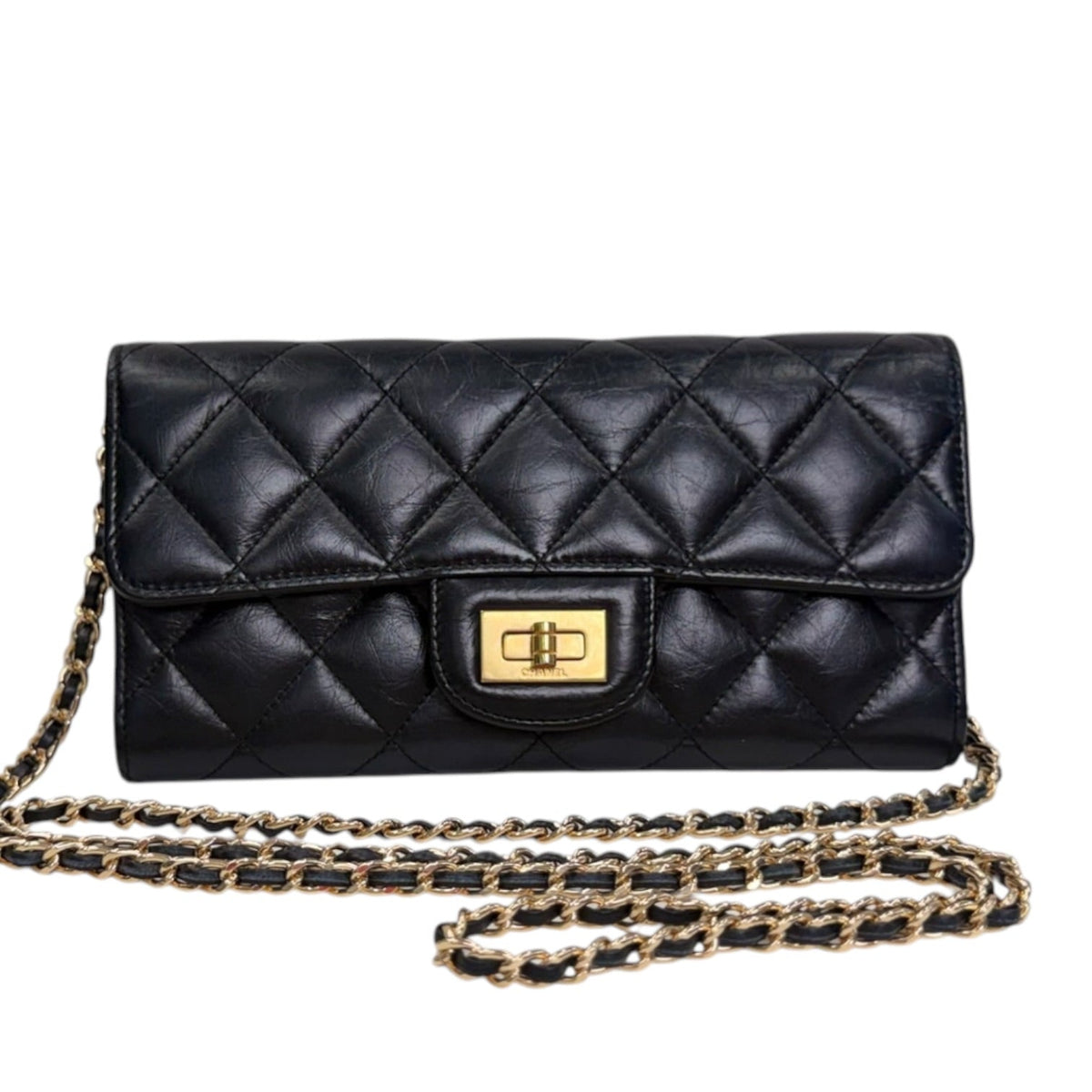 CHANEL 2.55 Black Aged Calfskin Classic Flap Wallet with Added Chain Chanel