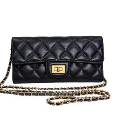 CHANEL 2.55 Black Aged Calfskin Classic Flap Wallet with Added Chain Chanel