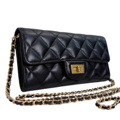 CHANEL 2.55 Black Aged Calfskin Classic Flap Wallet with Added Chain Chanel