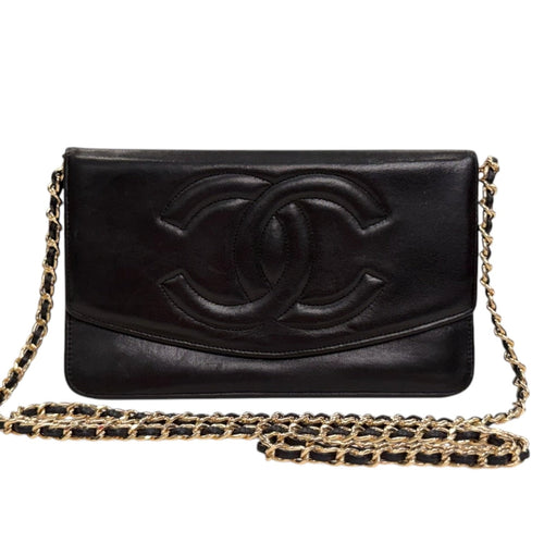 CHANEL Black Lambskin GHW Timeless Clutch with added chain Chanel
