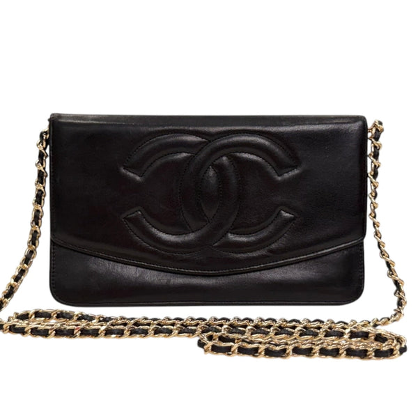 CHANEL Black Lambskin GHW Timeless Clutch with added chain Chanel