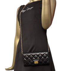 CHANEL 2.55 Black Aged Calfskin Classic Flap Wallet with Added Chain Chanel