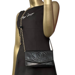 CHANEL Black Lambskin GHW Timeless Clutch with added chain Chanel