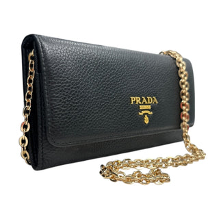 PRADA Black Grained Leather Wallet with Chain Prada
