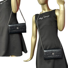 CHANEL Black Lambskin SHW Camellia Long Flap Wallet Chanel