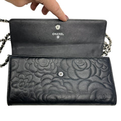 CHANEL Black Lambskin SHW Camellia Long Flap Wallet Chanel