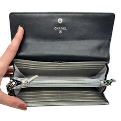CHANEL Black Lambskin SHW Camellia Long Flap Wallet Chanel