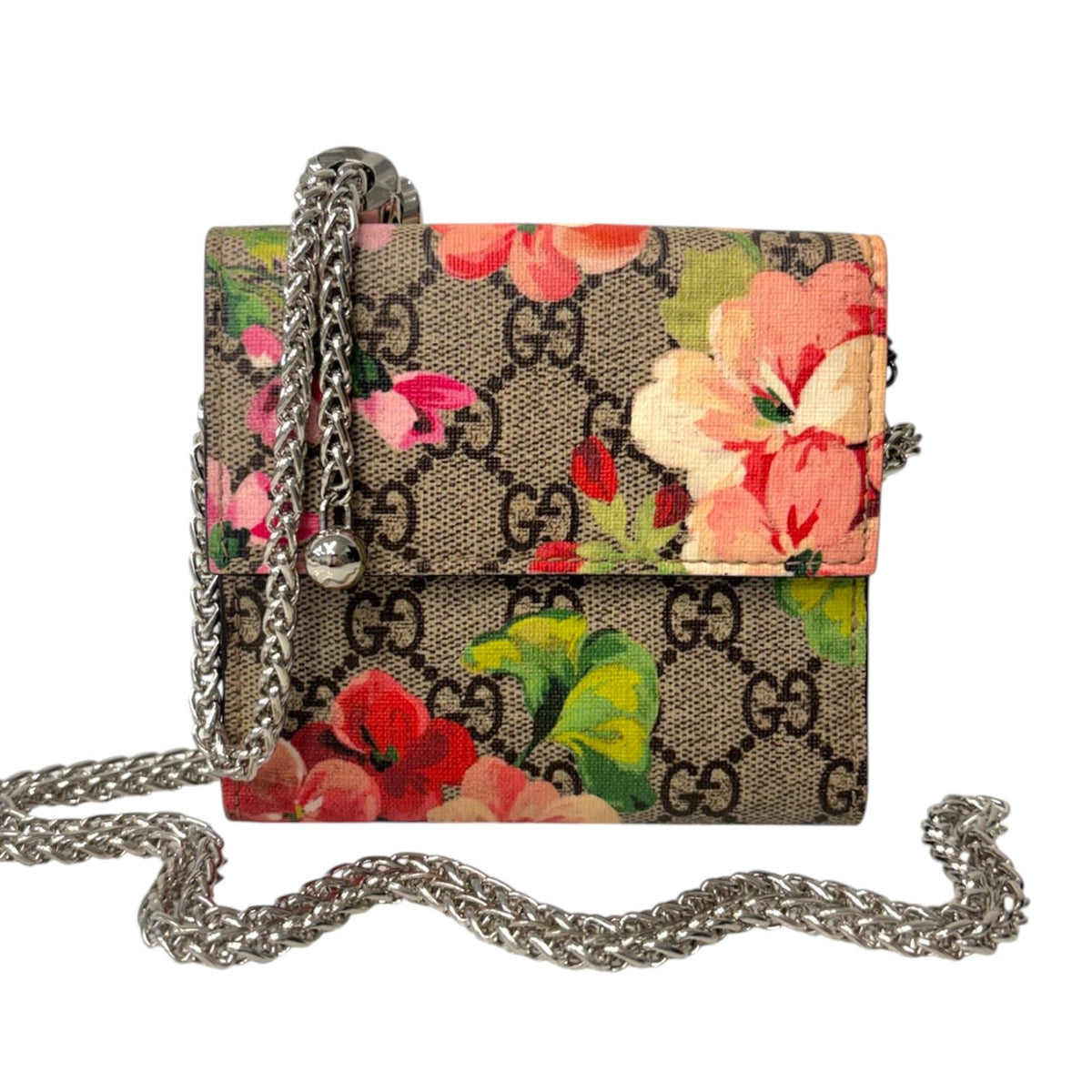 GUCCI Pink Blooms GG Supreme French Flap Wallet with Adjustable Chain Gucci