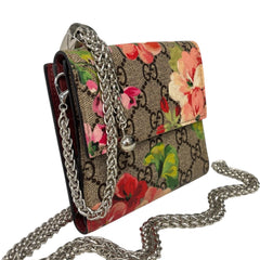 GUCCI Pink Blooms GG Supreme French Flap Wallet with Adjustable Chain Gucci