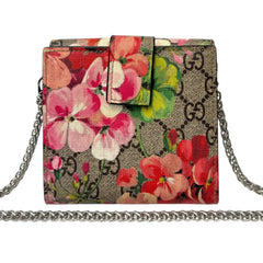 GUCCI Pink Blooms GG Supreme French Flap Wallet with Adjustable Chain Gucci