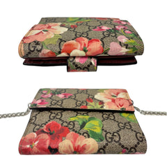 GUCCI Pink Blooms GG Supreme French Flap Wallet with Adjustable Chain Gucci